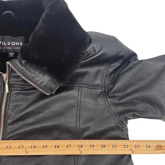 Wilsons Leather Womens Black Jacket‎ Faux Fur Collar Lining Belted Trench Coat M - Picture 6 of 12